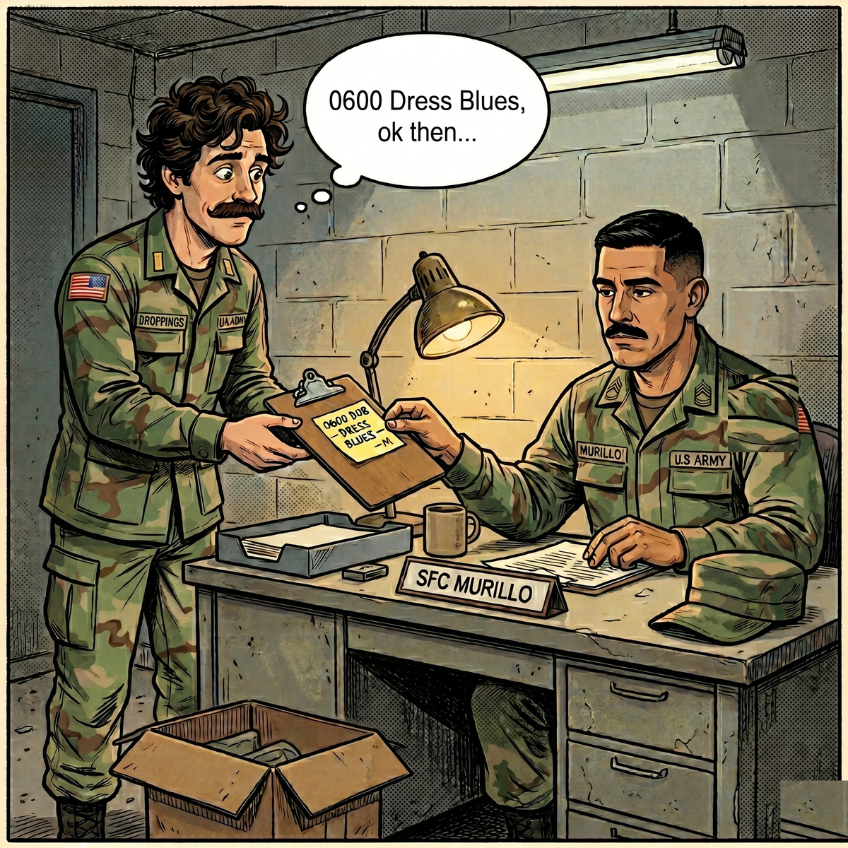 Young Bub hands SFC Murillo a yellow sticky note reading 0600 BUB DRESS BLUES M.