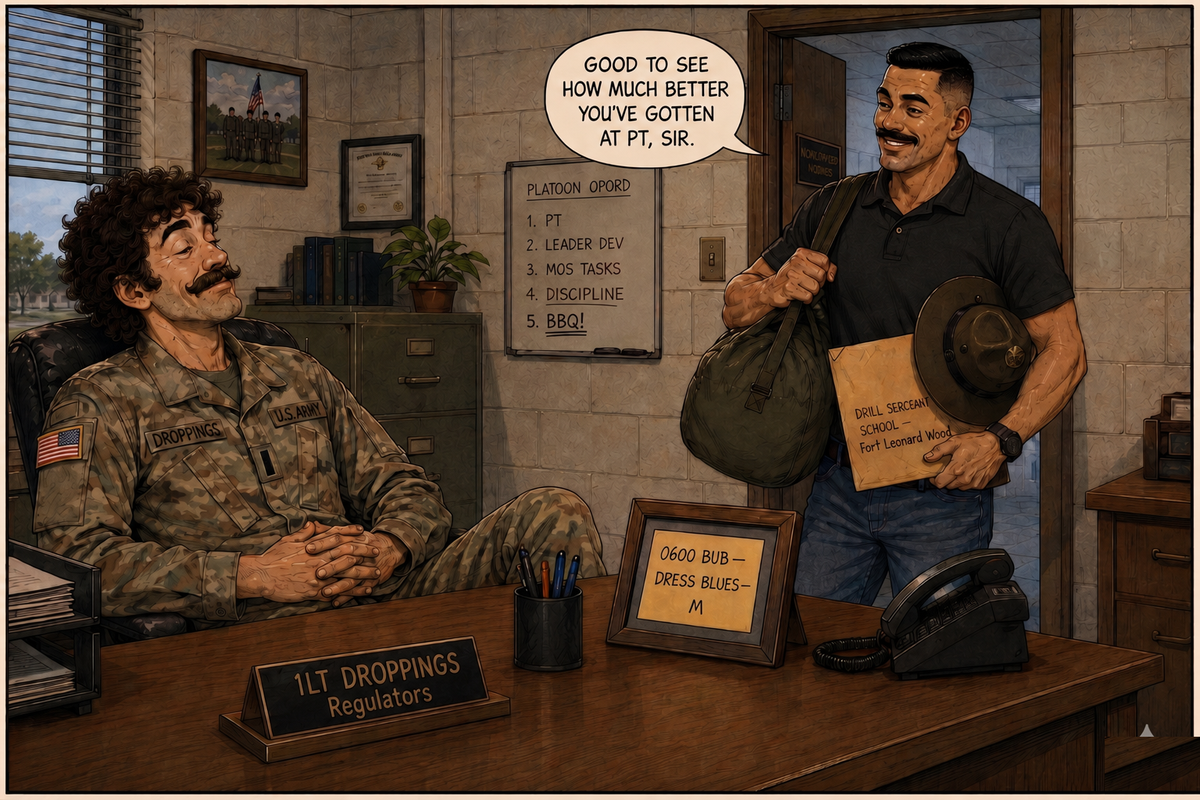 Years later, 1LT Droppings at his desk; Murillo, now in civvies with a duffel, says GOOD TO SEE HOW MUCH BETTER YOU'VE GOTTEN AT PT, SIR.