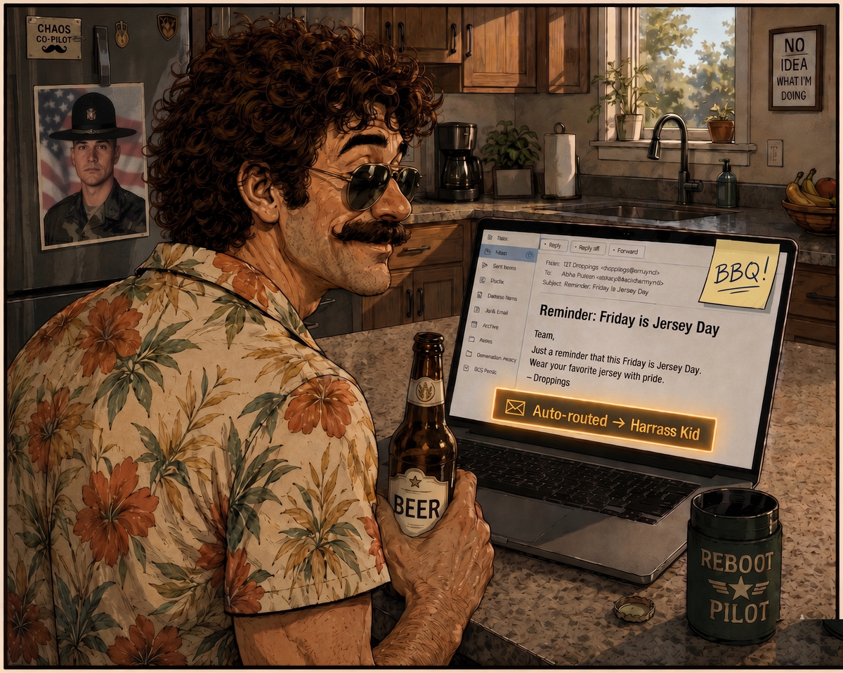 Modern Bob in a Hawaiian shirt holds a beer next to a RebootPilot mug while an auto-routed Friday Jersey Day email loads on the laptop.
