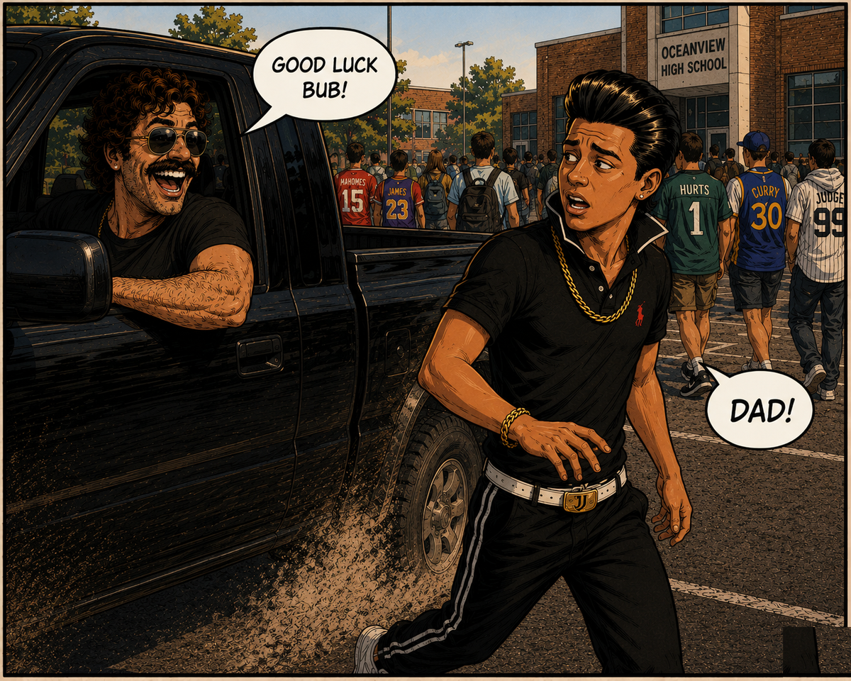 From a pickup truck Bob calls GOOD LUCK BUB to his teenage son in a fantasy-football jersey outside Oceanview High.