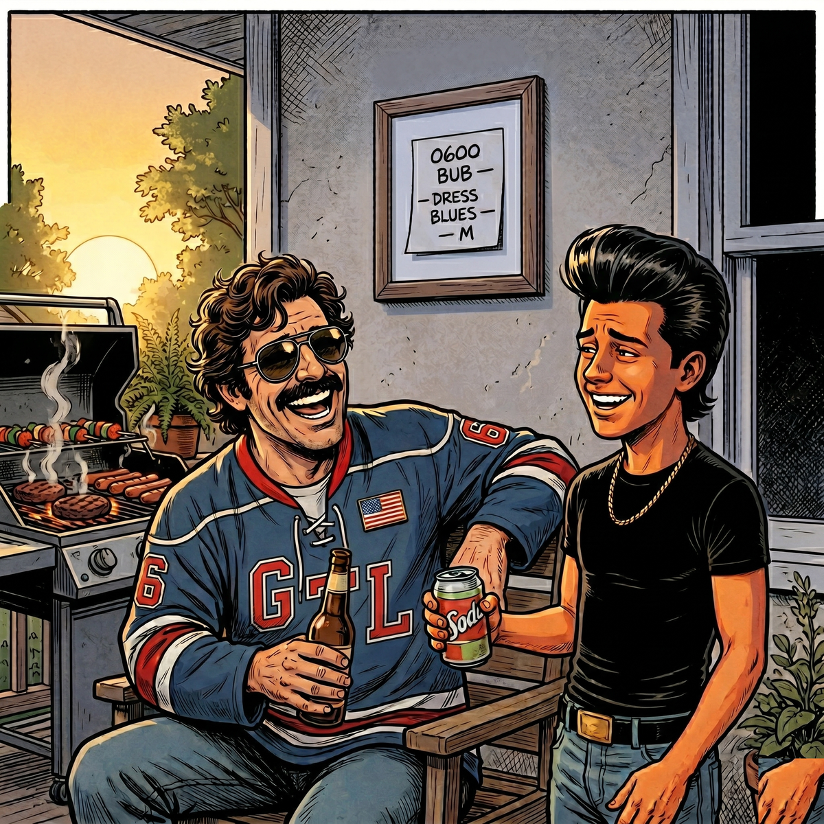 On the porch at sunset Bob and his son share a laugh; the framed 0600 BUB DRESS BLUES M note hangs on the wall behind them.