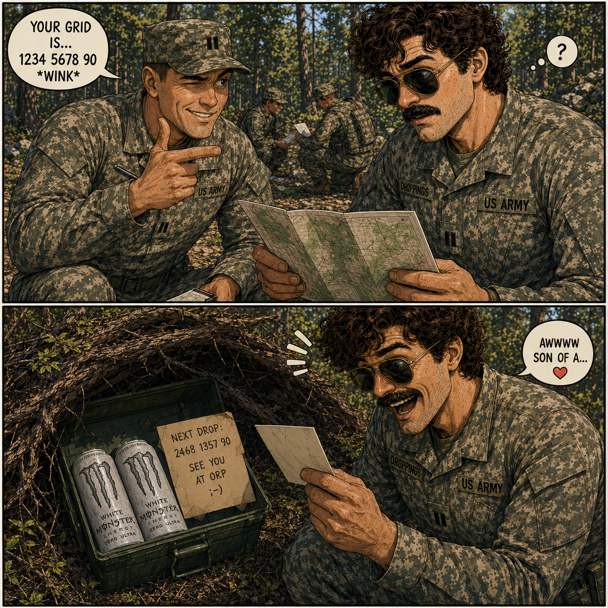 Two-panel comic. Panel 1: An army captain leans in with a wink and tells Lt Droppings &lsquo;Your grid is&hellip; 1234 5678 90 *wink*&rsquo;, while Droppings squints at his map, confused. Panel 2: At the coordinates, Droppings discovers a hidden stash under camo netting &mdash; two cans of White Monster Energy and a note reading &lsquo;Next drop: 2468 1357 90, see you at ORP&rsquo;. Droppings grins and says &lsquo;Awwww son of a&hellip;&rsquo;